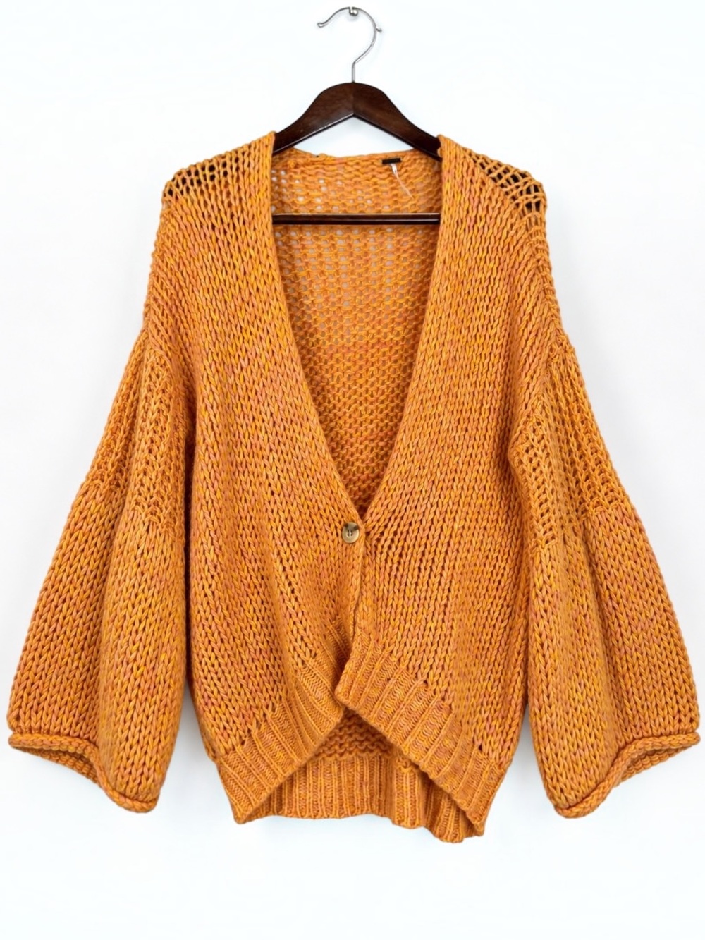 Free People Chunky Marled Open Knit Cardigan Orange Pink XS Oversized